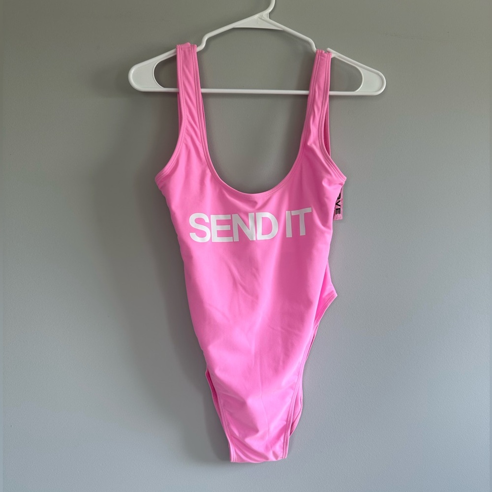 Bright Pink “Send It” One Piece Party Swim Suit Size Medium